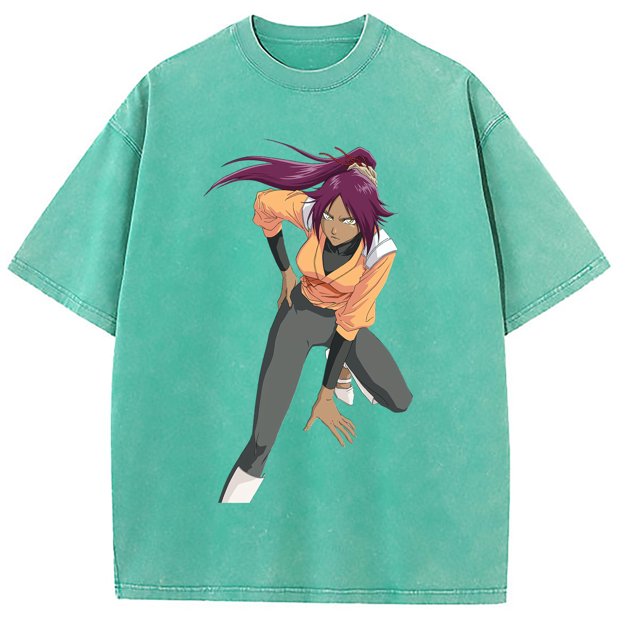 （画像用） ブリーチ 四楓院 夜一（しほういん よるいち） BLEACH Shihouin Yoruichi 綿100% ヴィンテージ風 半袖Tシャツ（フロントプリント）